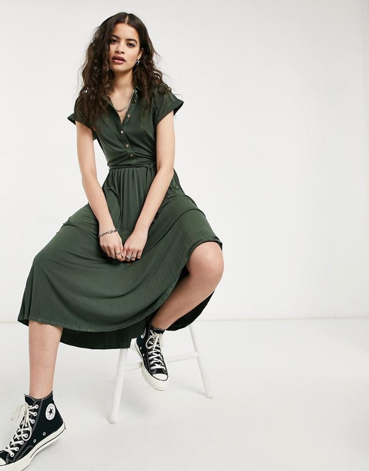 Oasis Pleated Midi Shirt Dress In Green