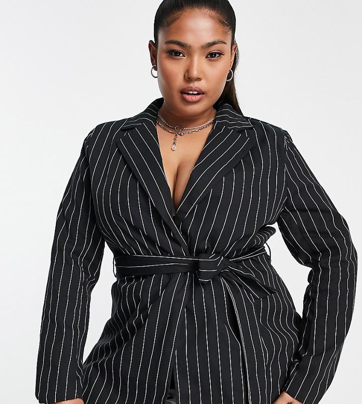 Heartbreak Plus Mix And Match Tie Waist Blazer In Black Pinstripe - Part Of A Set-multi