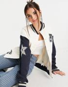 Pull & Bear Pasadena Varsity Bomber Jacket In Cream And Blue-blues