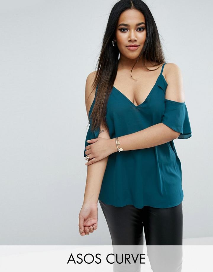 Asos Curve Cold Shoulder Cami Top With Flutter Sleeve - Green