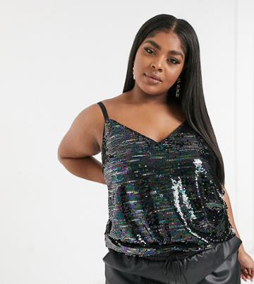 Chi Chi London Plus Sequin Cami Top In Black Sequin