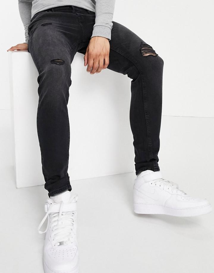 Jack & Jones Intelligence Pete Carrot Fit Jeans In Washed Black With Rips