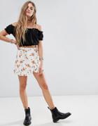Motel Front Mini Skirt With Ruffle Trim In Light Floral - White