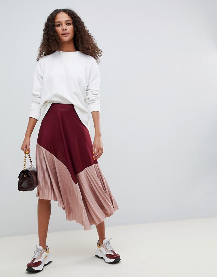 Asos Design Pleated Hem Midi Skirt In Color Block - Multi