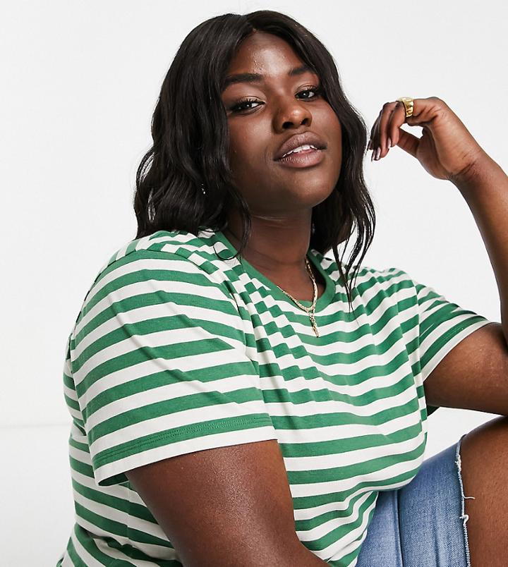 Asos Design Curve Ultimate T-shirt In Green And Cream Stripe-multi