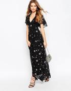 Asos Glitter Star Flutter Sleeve Maxi Dress - Black