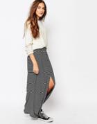 Pull & Bear Stripe Button Maxi Skirt - Black