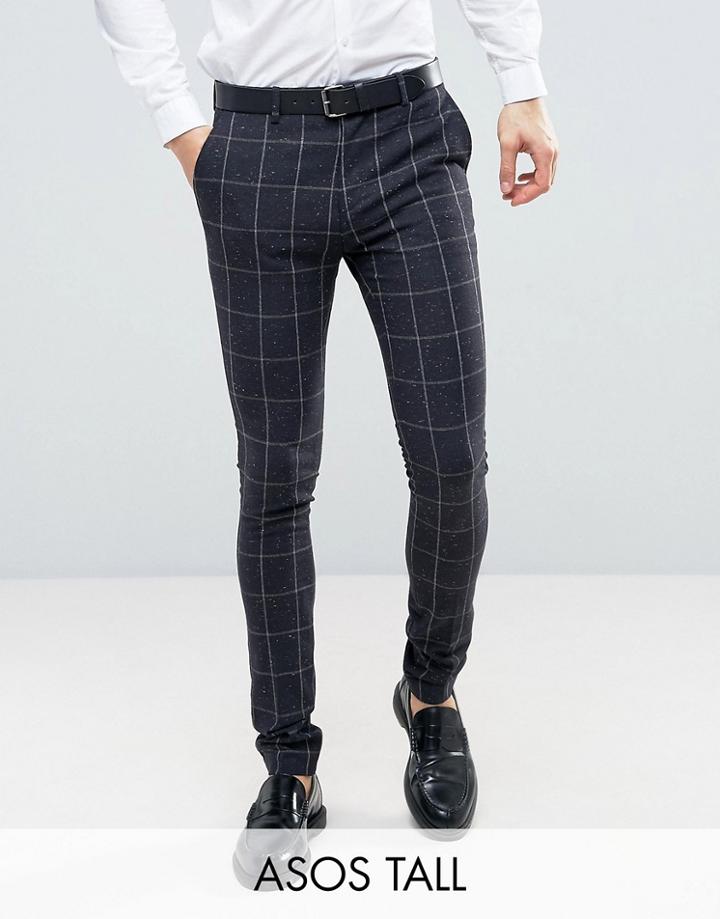 Asos Tall Super Skinny Suit Pants In Navy Check With Nep - Navy