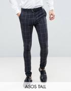 Asos Tall Super Skinny Suit Pants In Navy Check With Nep - Navy