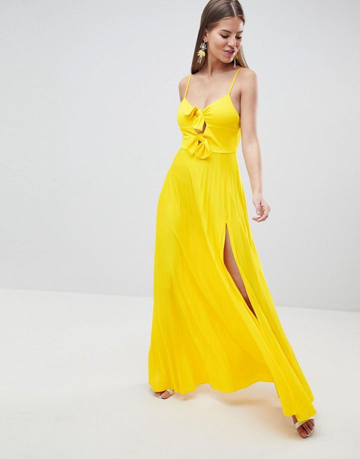 Asos Design Knot Front Pleated Maxi Dress - Yellow