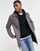 Asos Design Wool Blend Overcoat In Stone Mini Plaid-white
