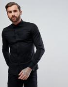 Asos Skinny Cutaway Collar Sateen Shirt With Pleated Placket In Black - Black