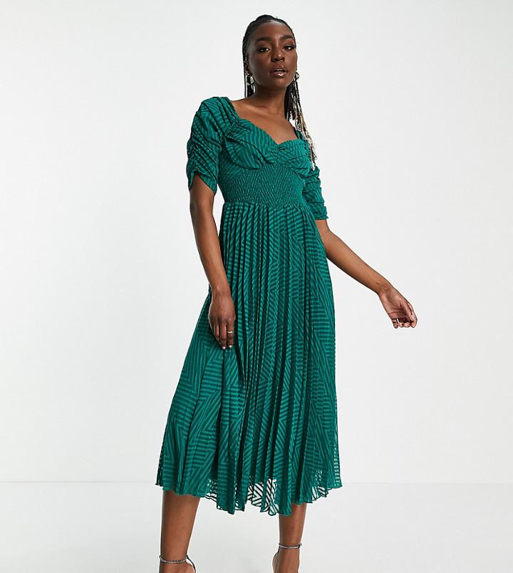 Asos Design Tall Ruched Front Pleated Midi Dress With Shirred Waist In Chevron Textured In Forest Green