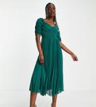 Asos Design Tall Ruched Front Pleated Midi Dress With Shirred Waist In Chevron Textured In Forest Green