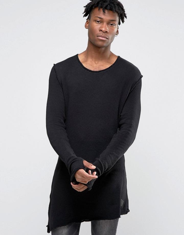 Criminal Damage Longline Long Sleeve T-shirt With Asymmetric Raw Hem - Black