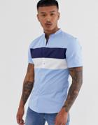 Asos Design Skinny Fit Cut & Sew Shirt With Grandad Collar In Blue