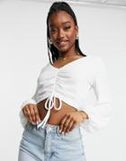 Asos Design Ruched Front Crinkle Longsleeve Top In White
