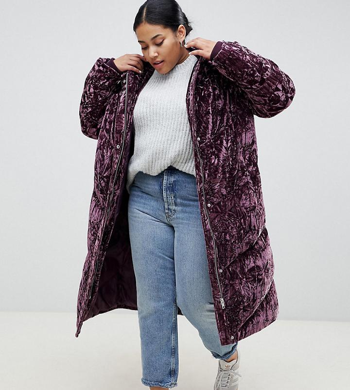 Asos Design Curve Crushed Longline Velvet Padded Jacket - Black