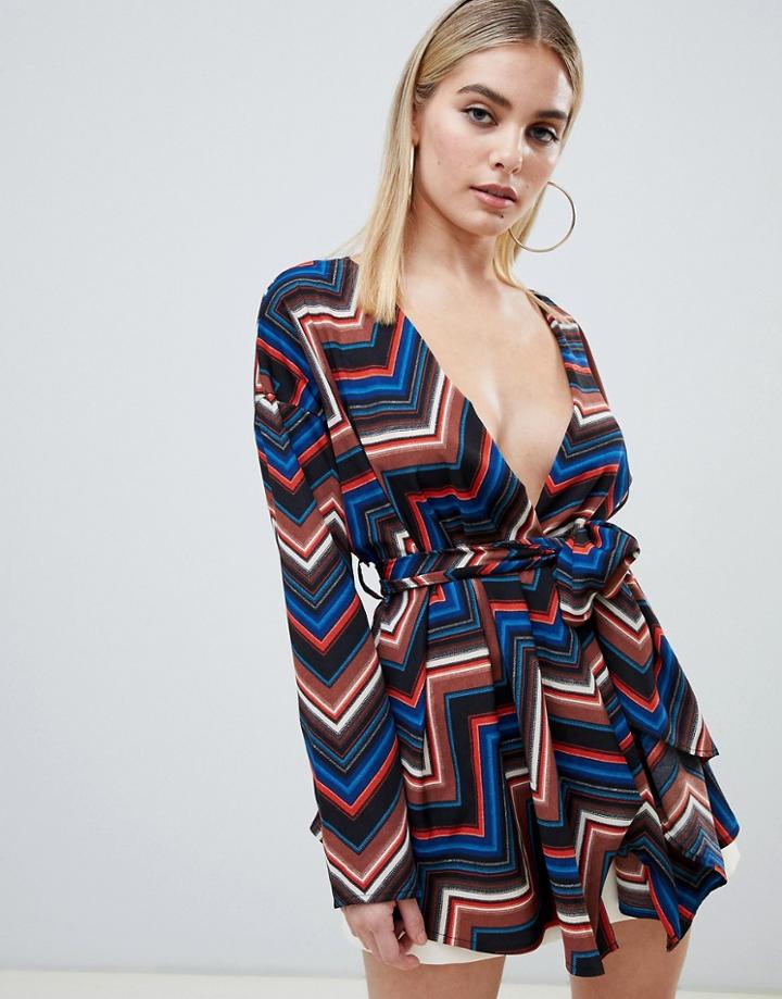 Prettylittlething Tie Waist Blouse In Chevron Print - Multi