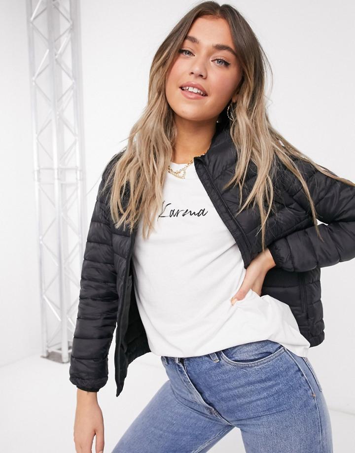 Pull & Bear Padded Zip Front Jacket In Black