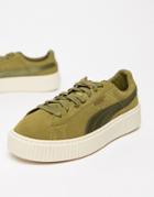 Puma Suede Platform Satin Sneaker In Olive - Green