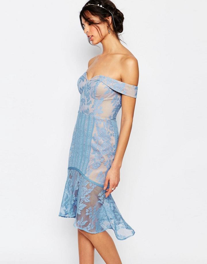 Jarlo Juliet Bardot Lace Midi Dress - Blue