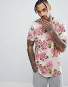 Asos Design Longline T-shirt With Rose Print - Pink