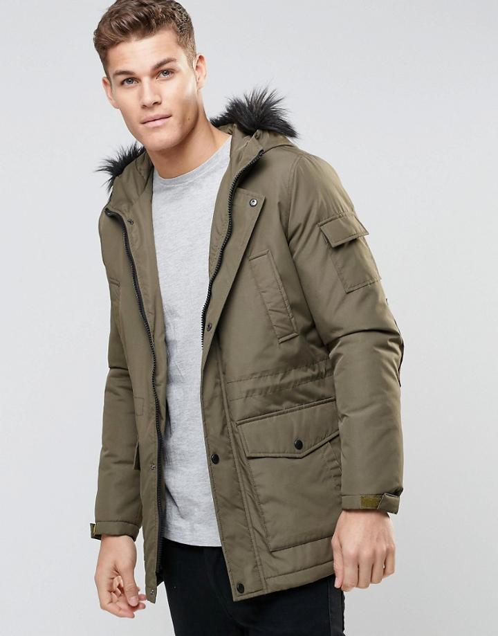 Asos Parka Jacket In Khaki With Faux Fur Trim - Khaki