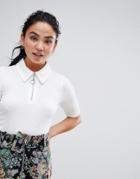 Asos Design Fitted Half Sleeve Zip Through Collar Top - White