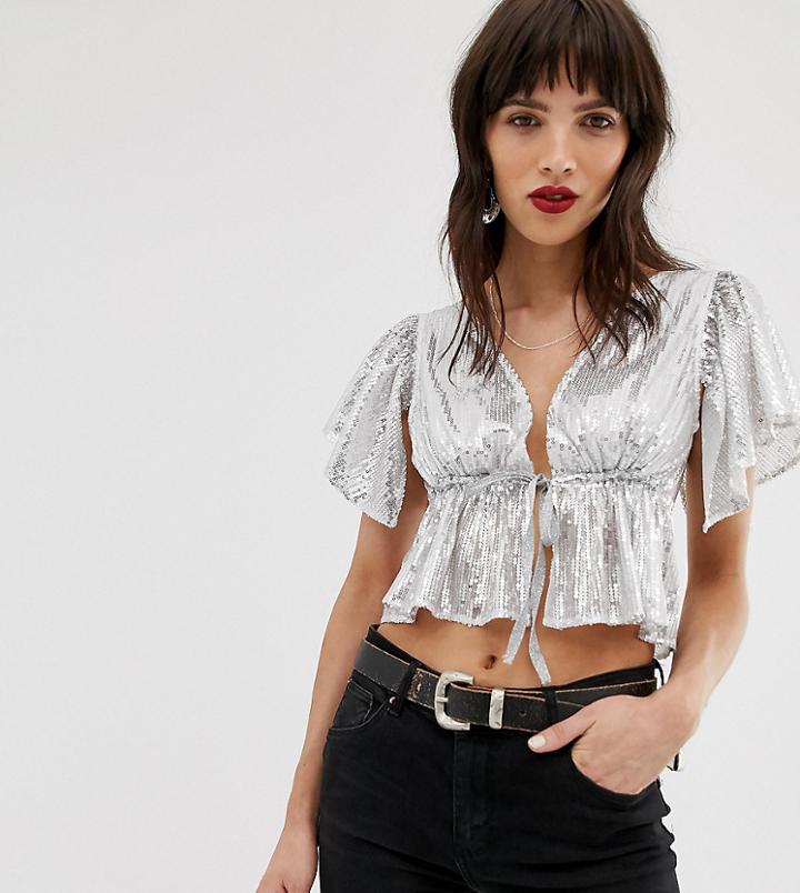 Dusty Daze Tie Front Top In Mesh - Silver