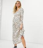 Blume Studio Maternity Gathered Bump V Neck Satin Midi Dress In White Spots