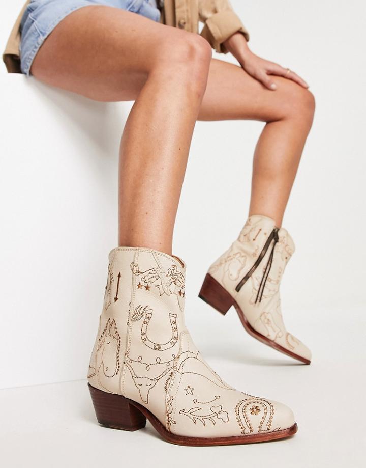 Free People New Frontier Doodle Print Western Boot In Beige-white