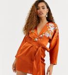 Asos Design Petite Mini Batwing Dress With Blossom Floral Embroidery - Orange