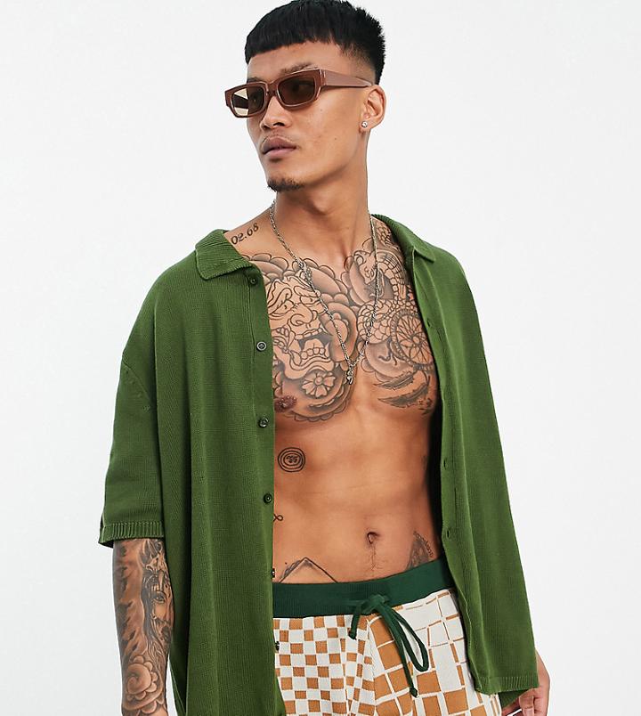 Asos Design Oversized Knitted Button Through Polo In Green