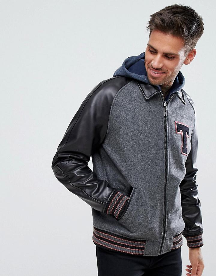 Asos Leather Varsity Jacket With Applique In Black - Black