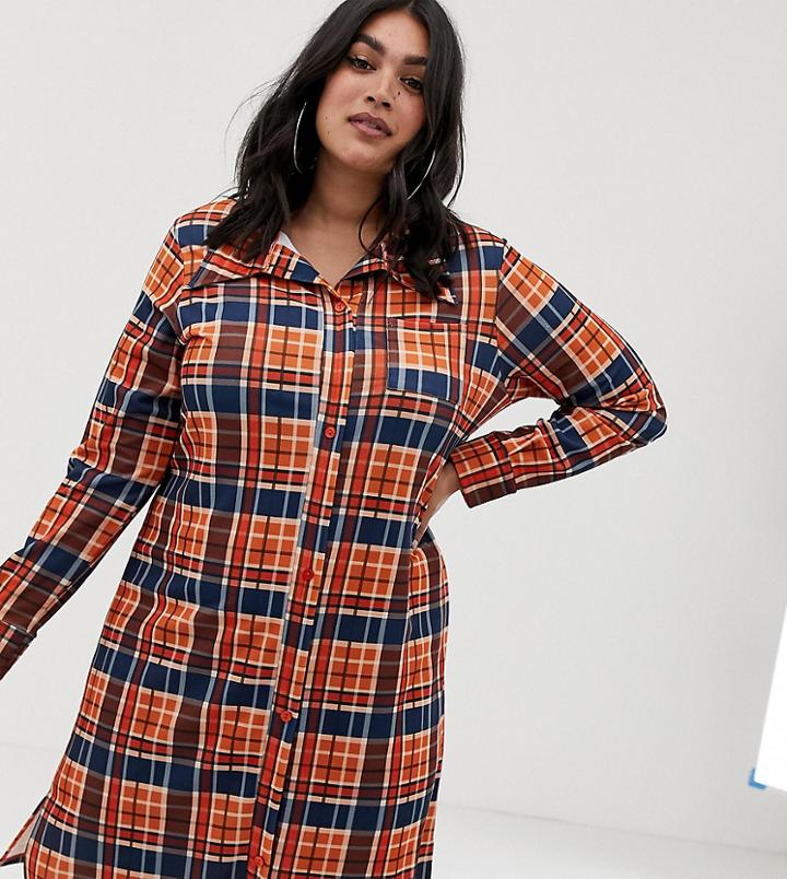 Pink Clove Midi Shirt Dress In Check - Orange