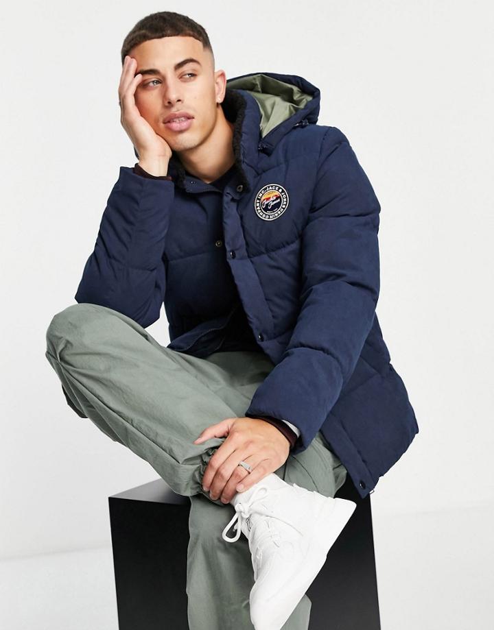 Jack & Jones Borg Collar Puffer Jacket With Hood In Navy