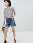 River Island Distressed Detail Boyfriend Denim Shorts-blue