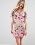 Asos Premium Mesh T-shirt Dress With Floral Embroidery - Pink