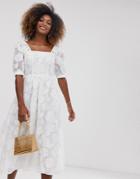 Asos Design Premium Organza Jacquard Midi Smock Dress With Rope Detail-white