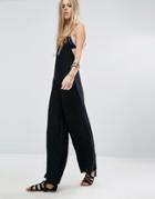Kiss The Sky Cami Jumpsuit With Wide Leg And Lace Trims - Black