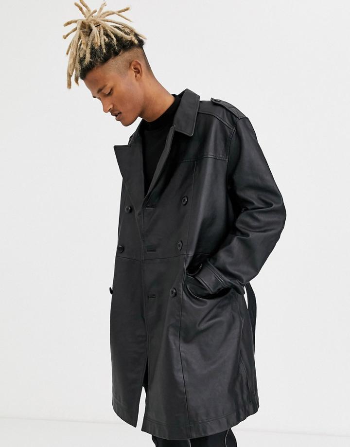 Asos Design Leather Double Breasted Trench Coat In Black