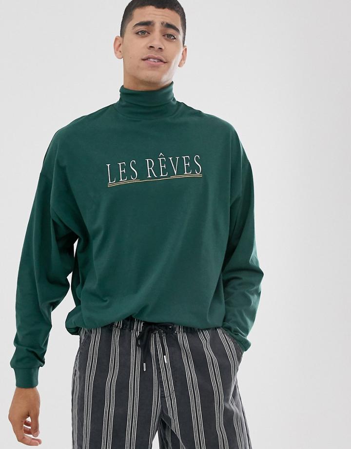 Asos Design Oversized Long Sleeve T-shirt With Roll Neck-green
