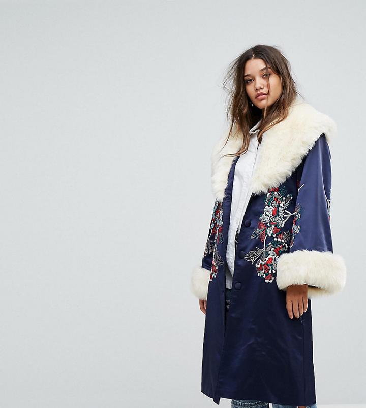 Dolly & Delicious Premium Embroidered Longline Kimono Jacket With Faux Fur Trim - Navy