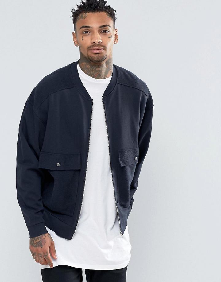 Asos Oversized Jersey Bomber Jacket With Patch Pockets - Navy