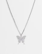 Asos Design Necklace With Crystal Butterfly Pendant And Chain In Silver Tone