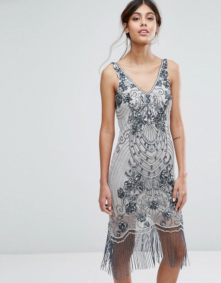 Frock And Frill Embellished Flapper Dress - Gray