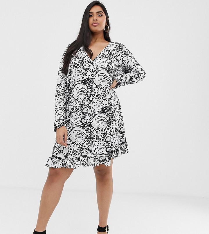 Asos Design Curve Animal Print Button Through Mini Dress-multi