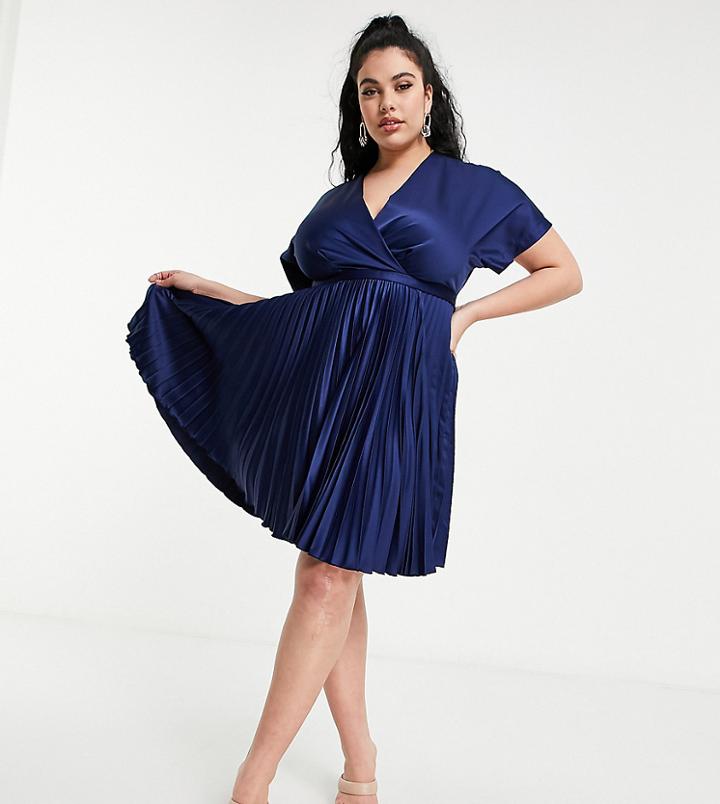 Closet London Plus Wrap Front Pleated Midi Skater Dress In Navy