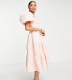 Asos Design Petite Shirred Puff Sleeve Tiered Prom Midi Dress In Peach Dust-orange
